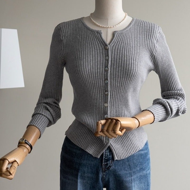 トップス ニットソー カーディガン 袖あり 長袖 萌袖 Uネック ラウンドネック 襟なし スリム タイト 細身 リブ 前開き リブニット 伸縮性 ニット かわいい 大人可愛い きれいめ シンプル
