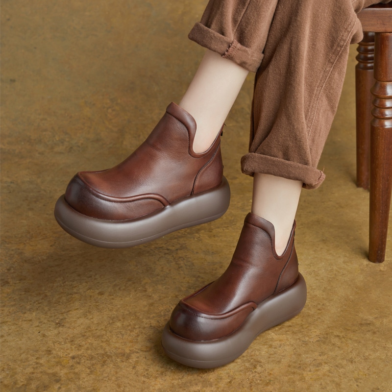 厚底ショートブーツ秋冬新作 手作り本革イギリス風後ウィンドウジッパー厚底ウエッジヒール 大きなつま先レディースブーツ