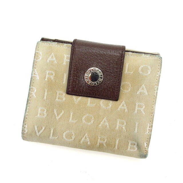 Wホック財布 二つ折り財布 ロゴマニア ベージュ ブラウン シルバー 中古
