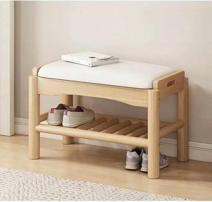 玄関ベンチ 木製 無垢材 北欧 天然木 シューズラック 収納ベンチ 玄関椅子 玄関スツール シューズボックス 靴収納 雑貨 家具(ウッドカラー, 60x30x40cm)