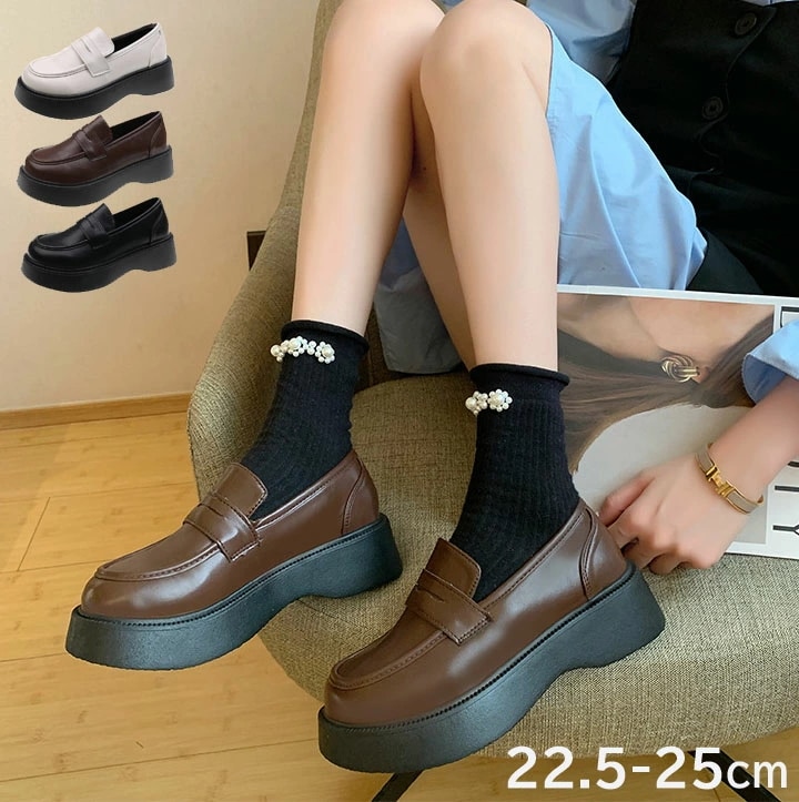 厚底シューズ ローファー パンプス 痛くない 5CM厚底 ラウンドトゥ ブラック ガーリー 厚底