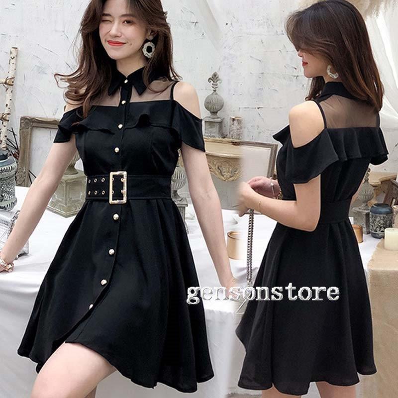 夏シャツワンピース 襟付き 半袖 Aライン ドッキングワンピース 肩出しフリル メッシュ切替 無地 シンプル フレアワンピース ミディ丈 レディース 通勤 OL30代