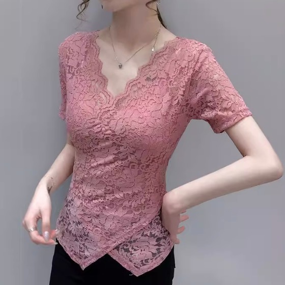 レディース トップス カットソー デート レース 袖あり 半袖 Vネック 襟なし スリム タイト 細身 レース 透け感 かわいい 大人可愛い きれいめ シンプル カジュアル 上品 おしゃれ お洒落