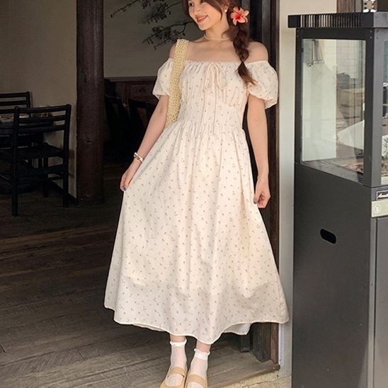 ワンピース ロングワンピース 半袖 パフスリーブ ウエストマーク ロング丈 かわいい 可愛い 大人可愛い きれいめ シンプル 上品 おしゃれ カジュアル こなれ感 個性的 主役級 存在感 抜け感 春