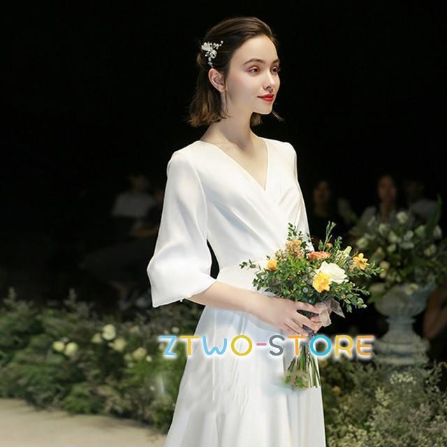 ワンピースドレスドレス3L 大きいサイズ シンプル ウェディングドレス Vネック 4L 袖あり 小さいサイズ 二次会 七分袖 ウェディングドレス カシュクール ウェディングドレス 五分袖 7,628円