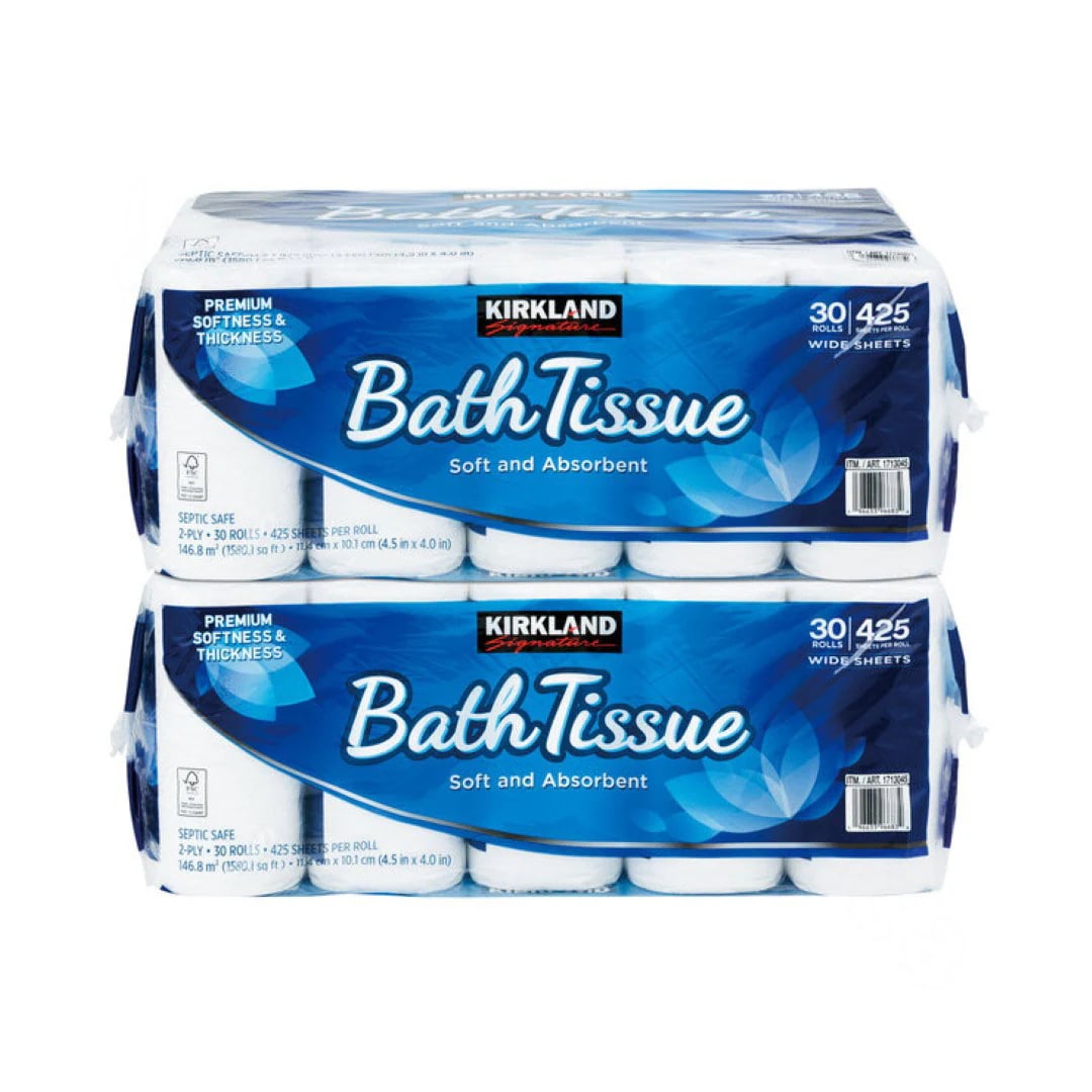 カークランドシグネチャー バスティッシュ 30ロール 2パック 60ロール ( 6ロール ごと 個包装 ) 日本製 大容量 2枚重ね トイレットペーパー ダブル パルプ100％ 芯あり 幅114m