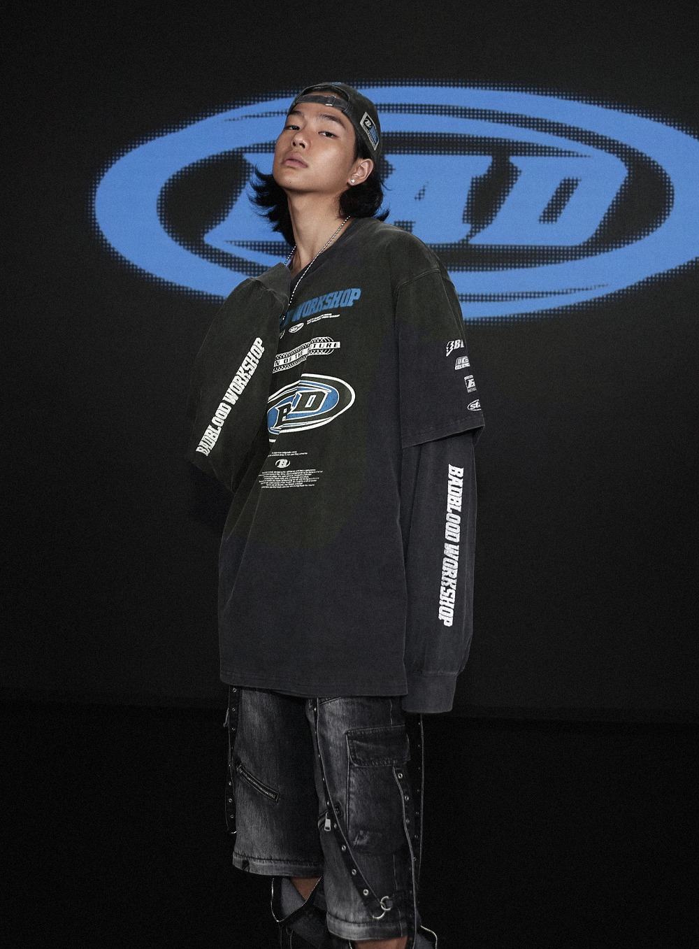 【BADBLOOD】 F2 OLD EFFET LAYERED LONG SLEEVE (UNISEX) : BLACK/BLUETシャツ・カットソー