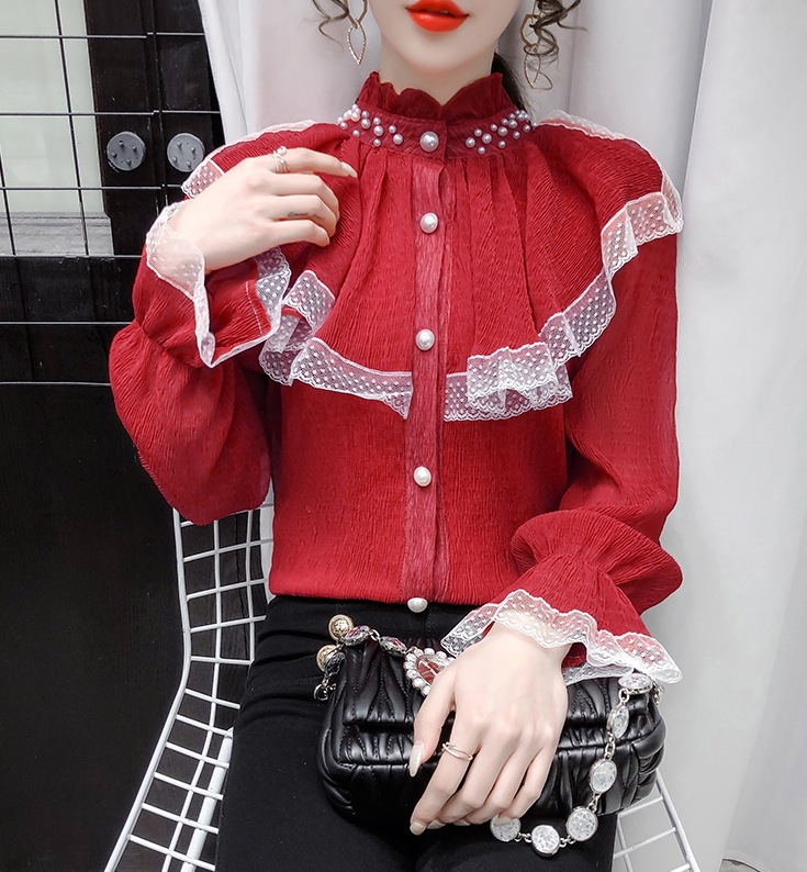 レースフリルブラウス トップス ブラウス 袖あり 長袖 ハイネック レース フリル 前開き かわいい 大人可愛い きれいめ シンプル カジュアル 大人 上品 おしゃれ お洒落 大人可愛い 大人女子