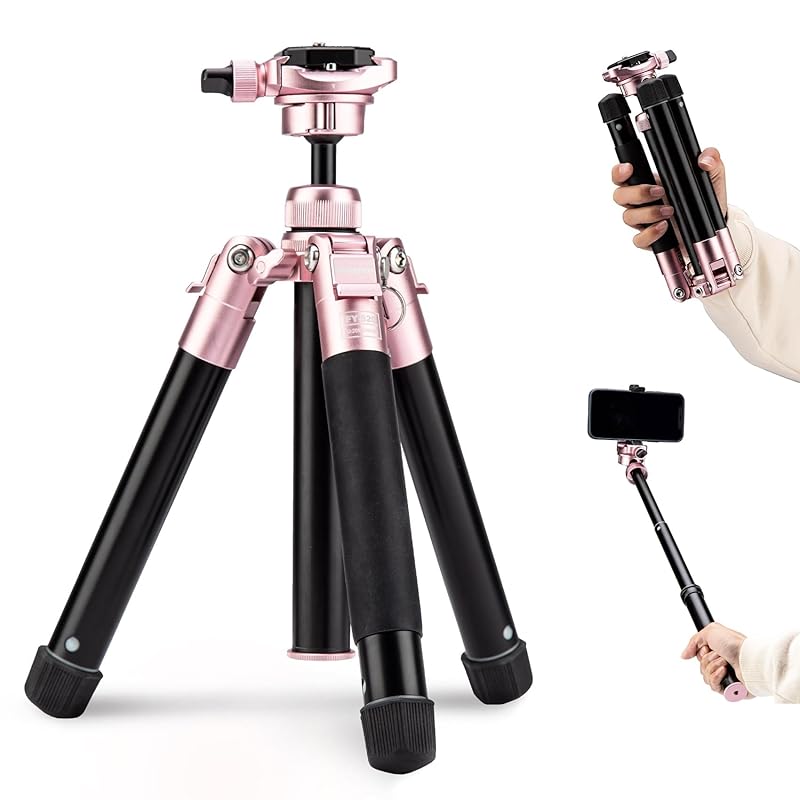 【国内即発】Fotopro 152CMミニ三脚軽量コンパクトトラベル三脚360度ボールヘッド電話マウント着脱式自撮り棒カメラフォン三脚最大荷重4KG Free-1 ピンク