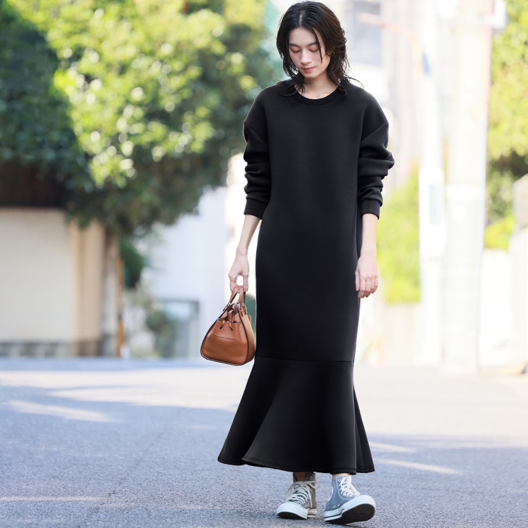 国内発送 ワンピース 秋 レディース 長袖 ニット きれいめ Aライン ロングワンピース シンプル 大きいサイズ ゆったり 可愛い かわいい おしゃれ 袖付き 袖あり 体型カバー ミモレ丈 マーメイド
