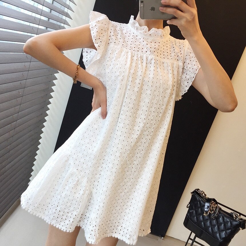 2色 ワンピース ノースリーブ 春 夏 秋 かわいい チュニック ミニ ミニ丈 フリル袖 フレンチスリーブ スタンドカラー Iライン アシンメトリー バックコンシャス レース 刺繍 フリル 透け感 白