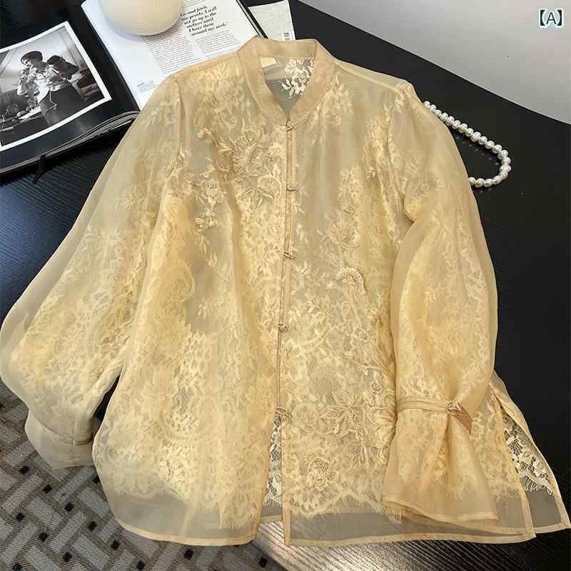 レディース　ニット　レース　シルク チャイナ風 シルクレース シャツ 女性 2025 春秋 桑 絹 日焼け防止 スタイル 長袖 トップス