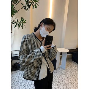 【超お得1つ買うと10個もらえる】急速出荷春先の千鳥格子の薄いコート女性のレトロな気質小さな香りルーズラウンドネックショートコートトップ小さな