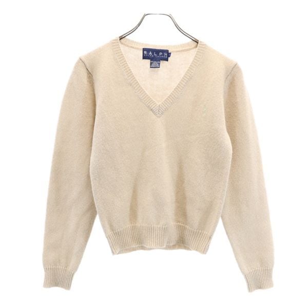 ワンポイント刺繍 長袖 Vネック セーター S ベージュ系 ニット レディース