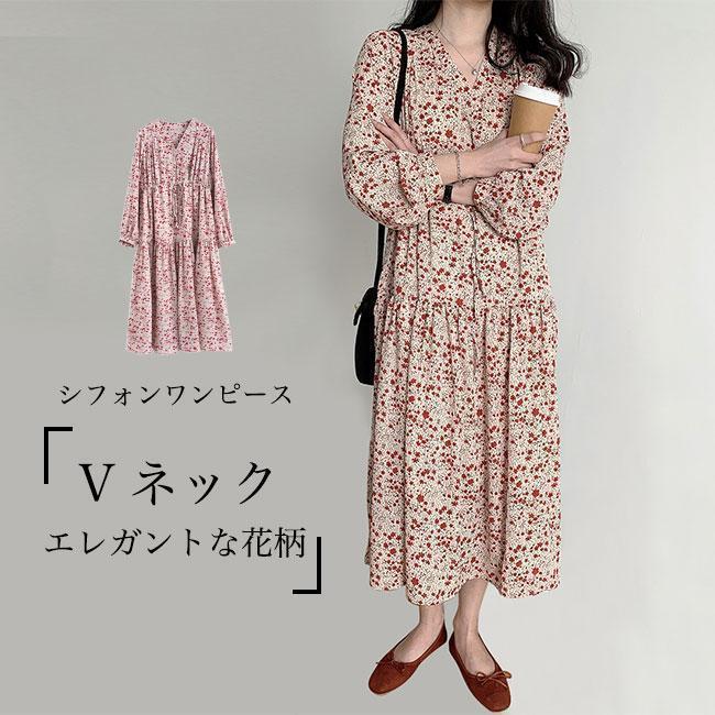 シフォンワンピース レディース ギャザーワンピース Aライン シフォン 長袖ワンピース Vネック 花柄 レトロ 春 ロングワンピ 秋 Aラインワンピース