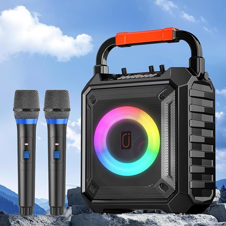 スピーカーセット カラオケセット 家庭用 拡声器 ワイヤレスマイク ２本 Bluetooth 5.1 小型 PAセット カラオケマシン SDカード(オレンジ, 28x18x38cm)