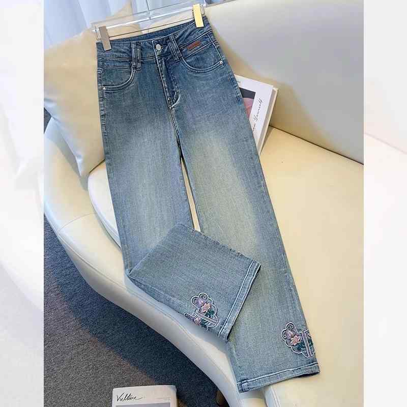 レディース ファッション カジュアル おしゃれ チャイナ風 ハイウエスト ジーンズ 夏 刺繍 バックル 九分丈 パンツ パイプ ストレート パンツ