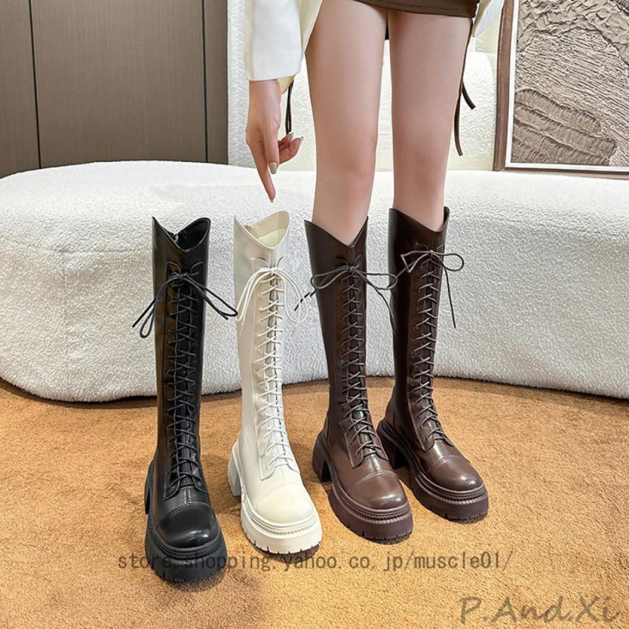 厚底ブーツ 編み上げブーツ レディース ロングブーツ ジョッキーブーツ コスプレ靴 歩きやすい おしゃれ 歩きやすい ラウンドトゥ ストレッチ