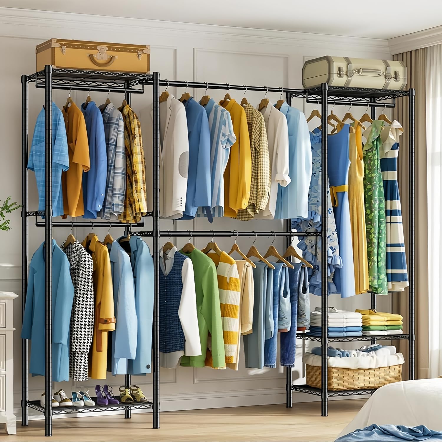 ハンガーラック 大容量 耐久性 組み立て簡単 幅調整可 伸縮式ワードローブ 頑丈 メタルラック 洋服ラック コート掛け 防サビ 省スペース 約幅177~229*奥行40*高さ198cm 日本語説明書付