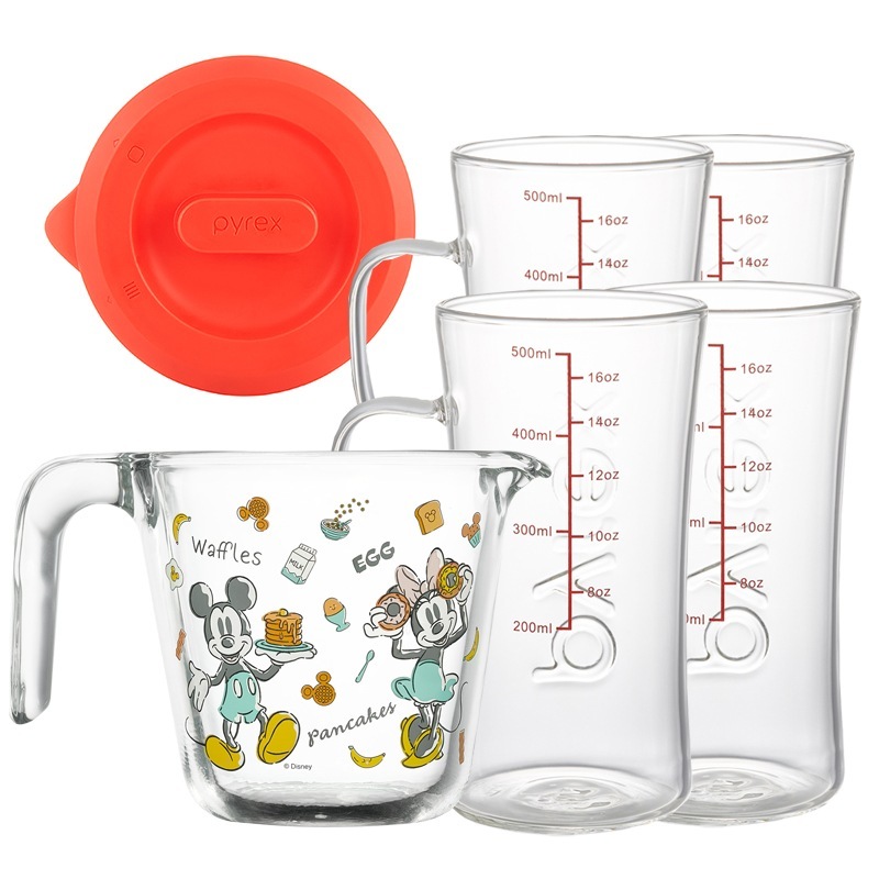 パイレックスディズニー500ml 1個+ふた1個+ハンドルビールカップ500ml 4個