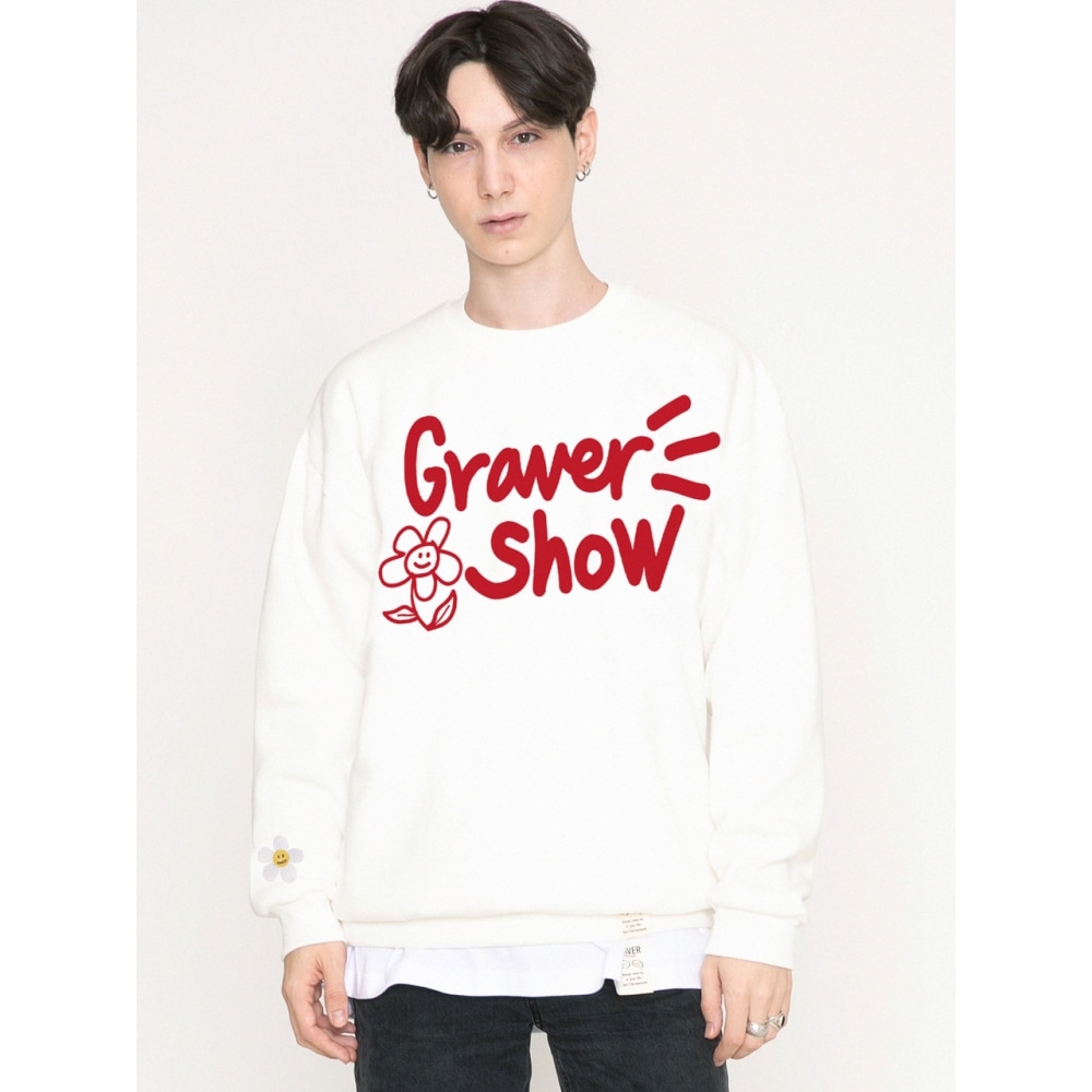 GRAVER 図面ロゴフラワー刺繍マンツーマンアイボリー