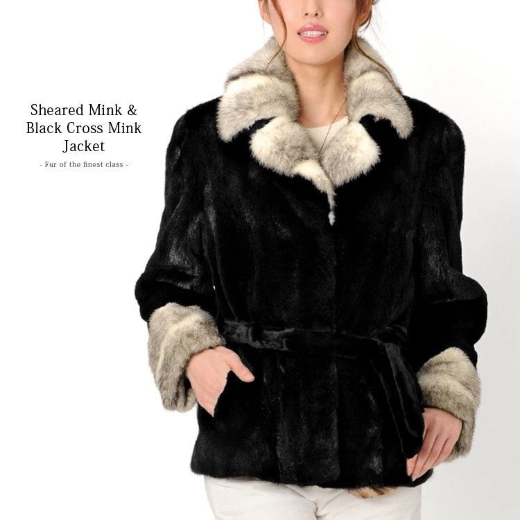 シェアード加工ミンクジャケットブラッククロスミンクトリミング着丈65cm 154,000円