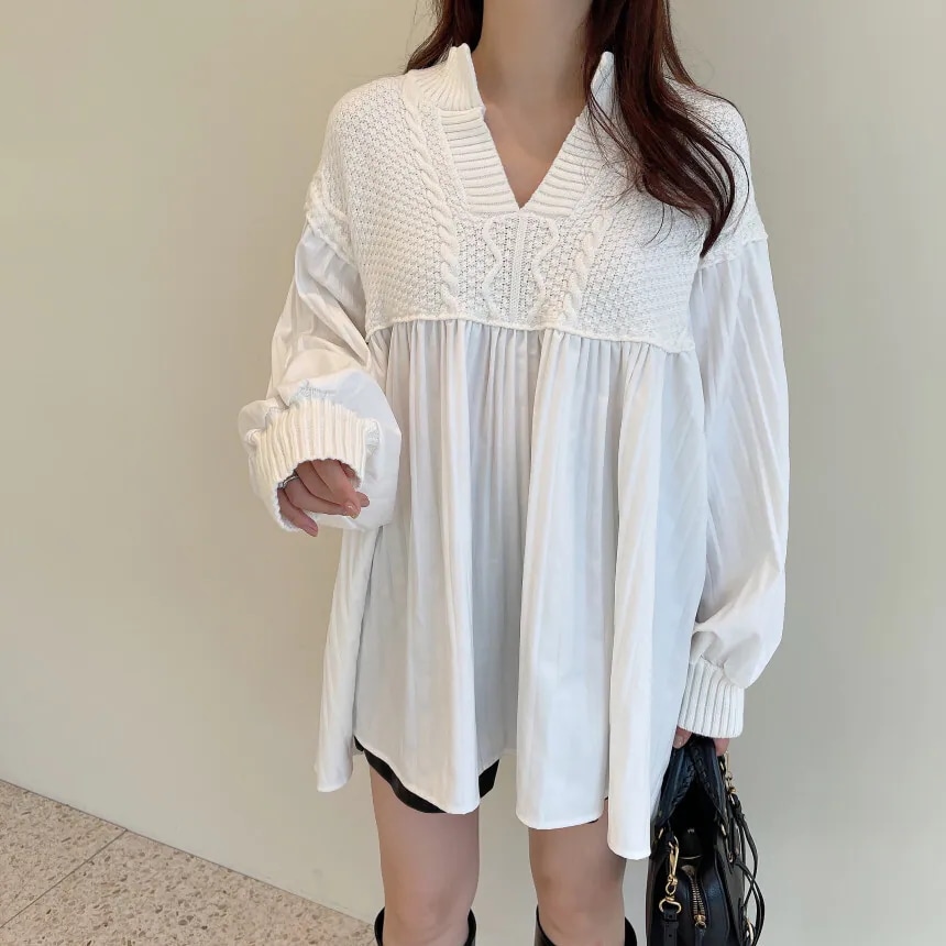 シャツ ブラウス ニット 切り替え トップス ワッフルニット ギャザー フレア チュニック