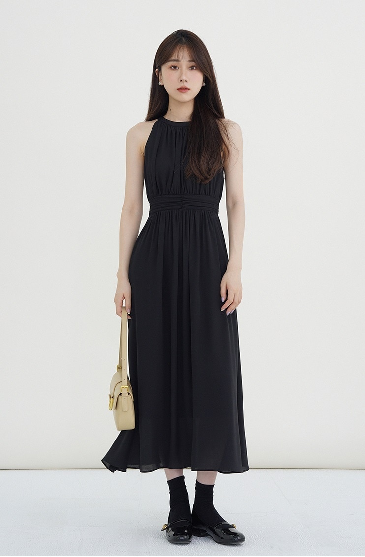 ブラック ホルターネック ラウンドネックドレス ノースリーブ ロングドレス 無地 ウエスト スリム フェアリー シフォン スカート アプリコット ブラック XS S M L XLワンピース ブラウス