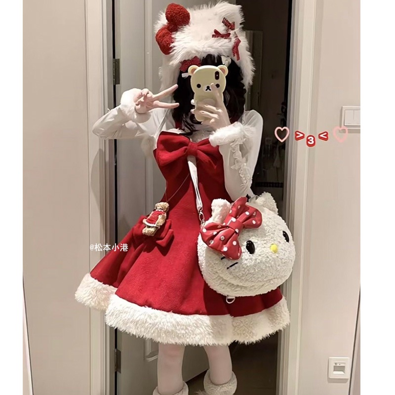 女性用秋冬レッドクリスマスケープコートリボンサスペンダースカートチュチュスカートラムズウールスーツ付き