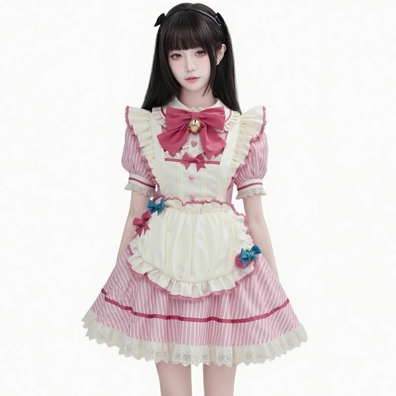 520 【新品】 メイド服セット コスプレ衣装（ワンピース＋チョーカー＋エプロン） ロリータ 可愛いフリル付き 公主 ピンク パーティー・イベント用