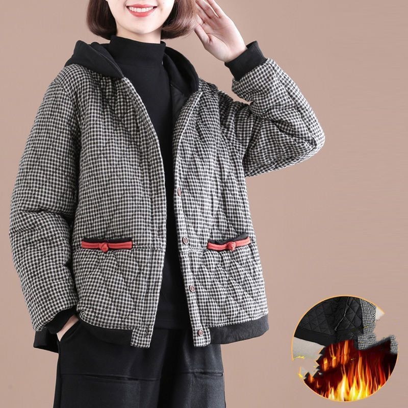 人気商品超目玉 キルティングコート チェック柄 フード付き 秋冬 トップス アウター 袖口ゴム 大きいサイズ ボタン留め カジュアル おしゃれ あったか