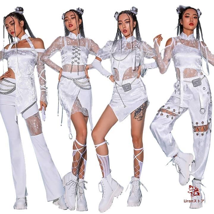 [新品入荷]セクシー DS演出服 韓国ダンス衣装 大人 ダンス 衣装 セットアップ レディース jazz ステージ衣装 ヒップホップ ゴーゴーダンス へそ出し 白 レースパンツ スカ