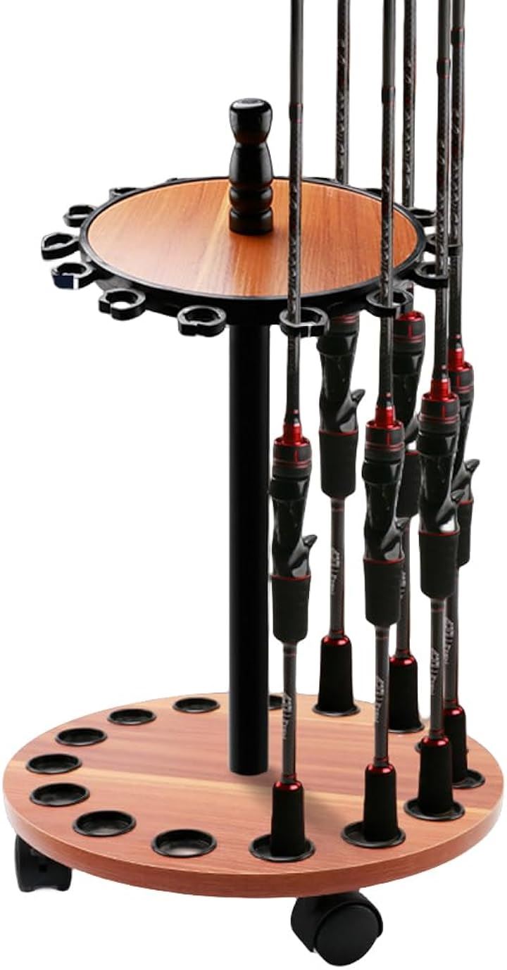 ロッドスタンド 移動便利 キャスター付き 15本立て 回転式ロッドスタンド 釣竿 収納 ロッドラック コンパクト 天然木製 組立簡単 釣り竿立て(ナチュラル)