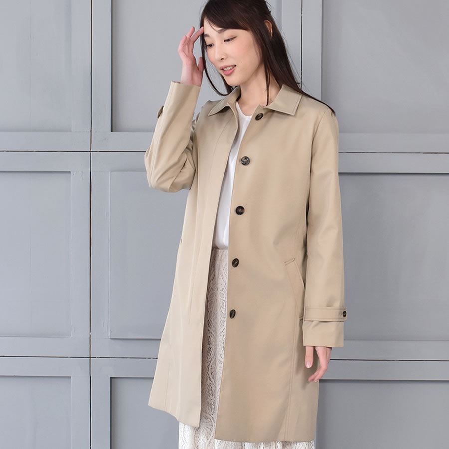 [Merfirge] 蓄熱ライナー付ステンカラーコート 90cm丈 花粉対策弱撥水加工(LC3153)レディース ビジネス トレンチ ステンカラー コート アウター ミドル丈 入学式 就活 蓄熱