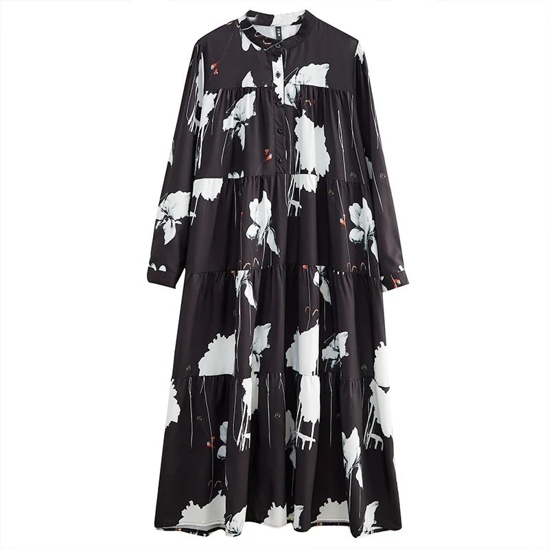 服レディースシャツワンピースロング丈韓国ファッション大きいサイズ長袖きれいめ ワンピース黒白プリント福袋