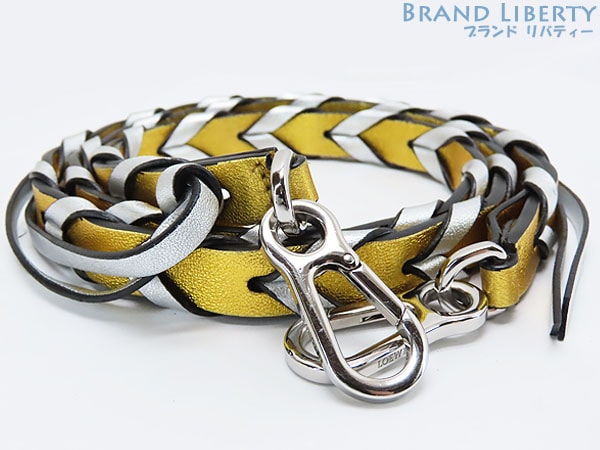 美品ロエベブレイデッドストラップショルダーストラップゴールドシルバーシルバー金具カーフスキン