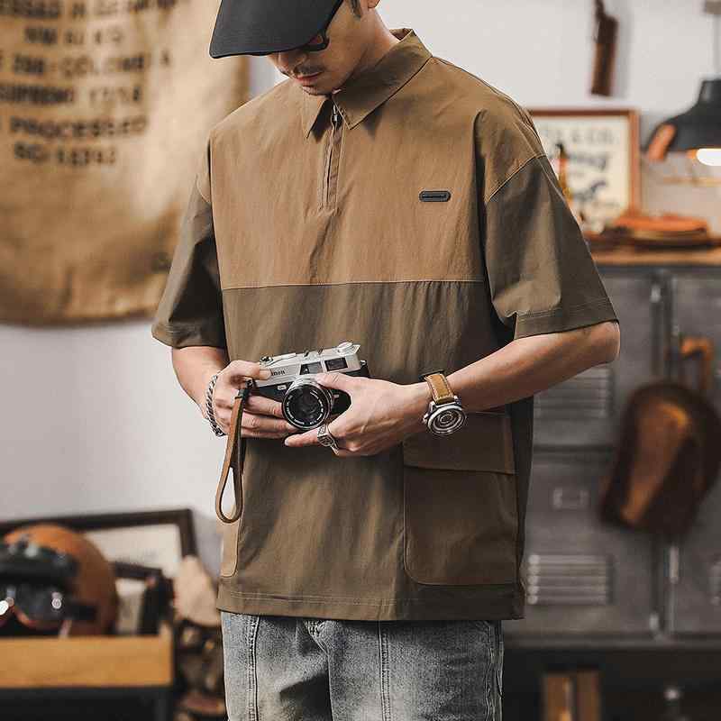 メンズ アメリカン コントラスト スプライシング ポロシャツ 半袖 夏 速乾 ハーフ ジップ ポケット ノーアイロン ブラック キャメル グリーン