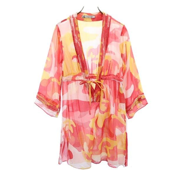 シルクブレンド 総柄 7分袖 シースルー チュニック P レッド系 レディース