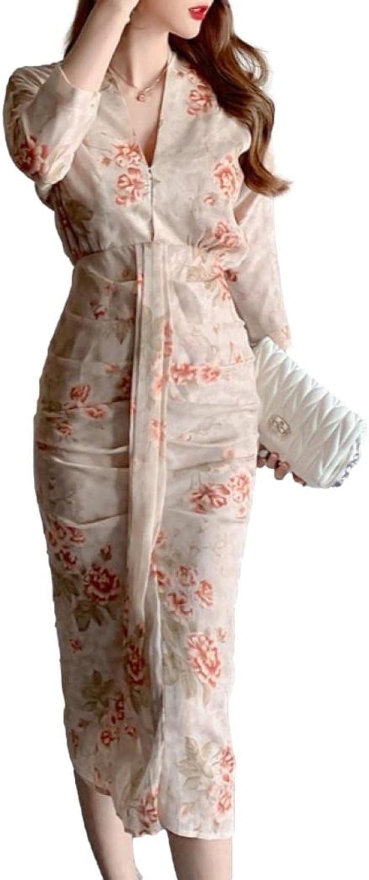 花柄 ワンピース Vネック タイト ミディ クラブドレス 七分袖 ウエストマーク リボン ギャザー ひざ下 レディース DT7( ベージュ, S)