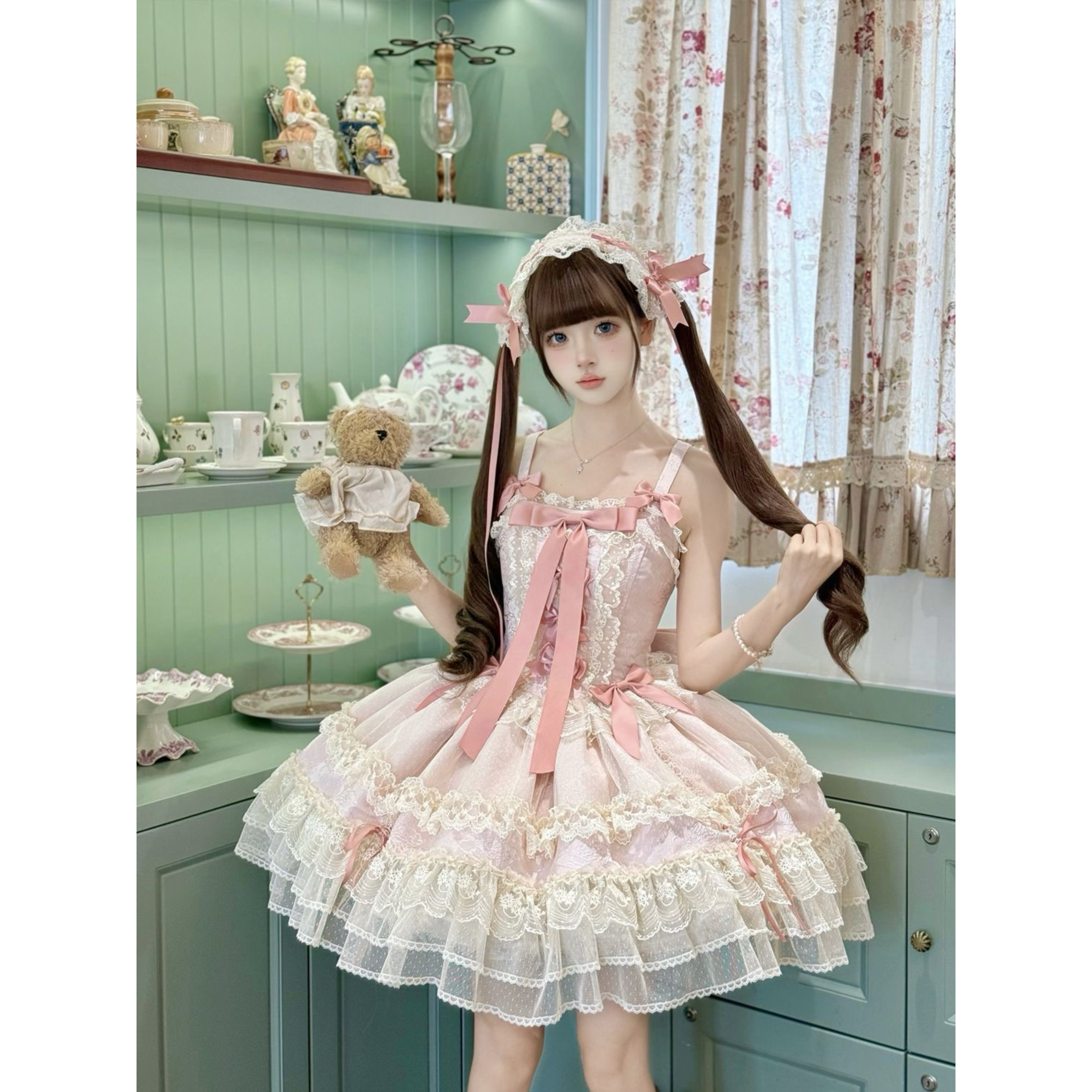 Lolita夏自制芭蕾风JSK蕾丝短款洋装洛丽塔嘟感甜美蛋糕裙派对服