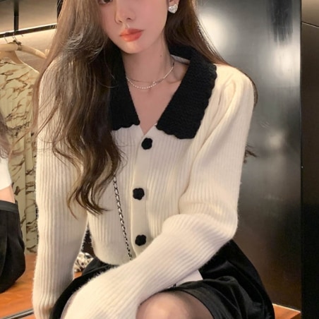 セーターカーディガン 花ボタン ホワイト トップス ニットソー セーター カーディガン スリム 細身