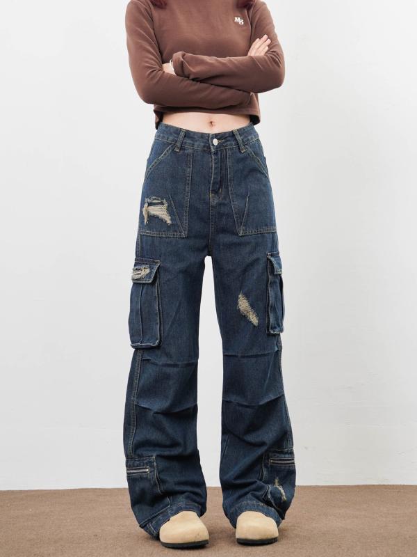 デニムパンツ レディース ダメージ ジーンズ クラッシュ ボトムス ポケット ストリート ワークパンツ ストレート レトロ 大きいサイズ ブルー ブラック