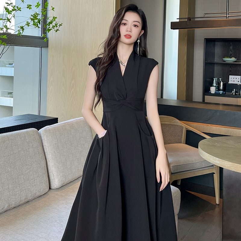 夏 ドレス 新作 おしゃれ 人気 vネック ウエスト引き締め ロングワンピース ポケット パーティードレス レディース