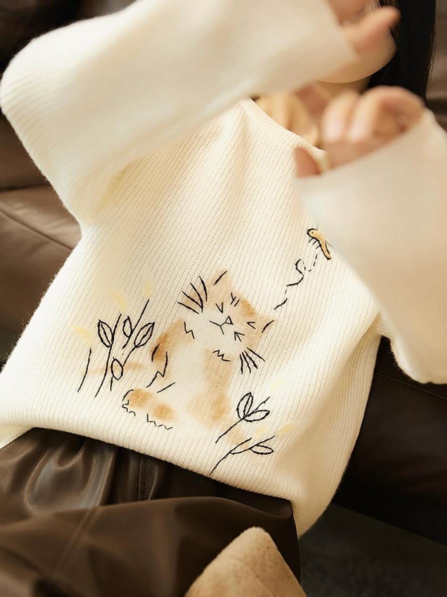 かわいい猫の刺繍が施された日本の怠惰なスタイルのセーター女性の秋と冬のルーズラウンドネックウールセータートップ