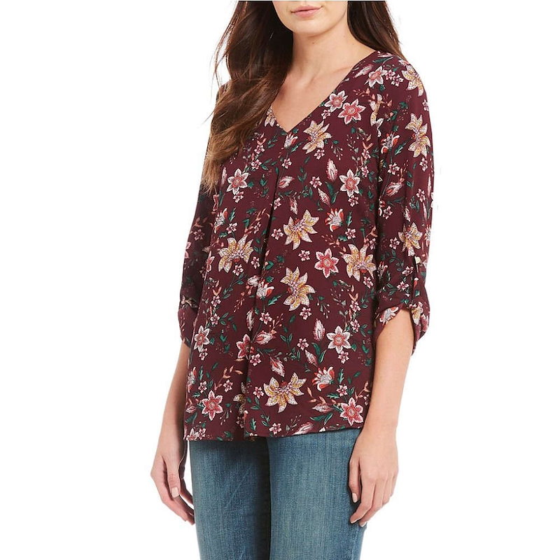 ボボウ レディース トップス ブラウス・シャツ【Bobeau Petites Floral Print V-Neck Roll-Tab Sleeve Top】Burgundy Multi ボボウ レディース トップス ブラウス・シャツ【Bobeau Petites Floral Print V-Neck Roll-Tab Sleeve Top】Burgundy Multi