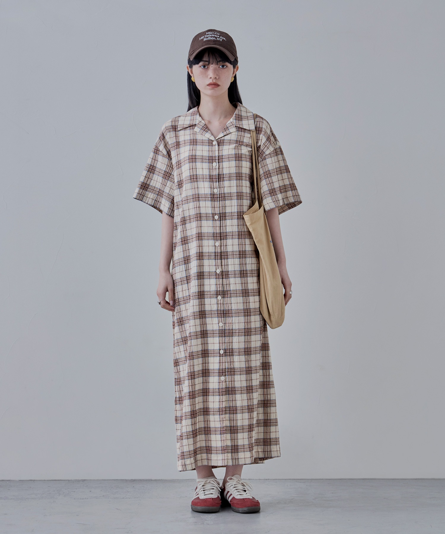 ロングチェックシャツワンピース ワンピース ワンピ シャツ 半袖 五分袖 開襟シャツ オープンカラー 開襟 チェック柄 チェックシャツ シャツワンピ マキシ丈 ロングシャツ 綿混