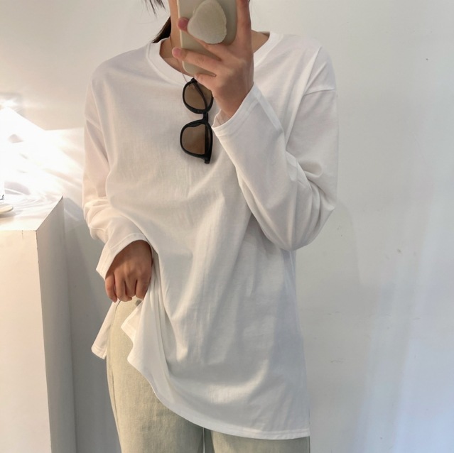 ロンT トップス Tシャツ カットソー 袖あり 長袖 ラウンドネック スリット サイドスリット 綿 かわいい 大人可愛い きれいめ シンプル カジュアル 大人 上品 おしゃれ お洒落 大人可愛い