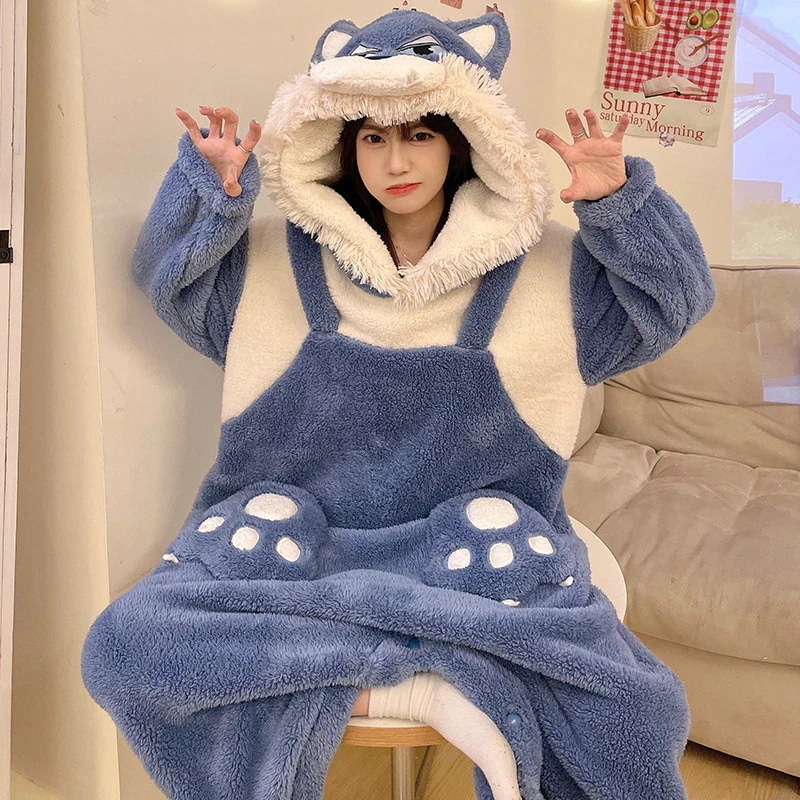 着ぐるみパジャマ 珊瑚ベルベットワンピースパジャマレディースモデル冬厚くフード付きかわいい大きいサイズ緩い漫画ホームウェア