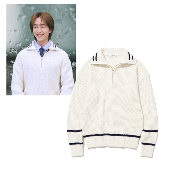 【SHINee Onew着用】KNITTED Soft Cotton Heavy Waffle Half Zip-up Knitwear IVORY/NAVY