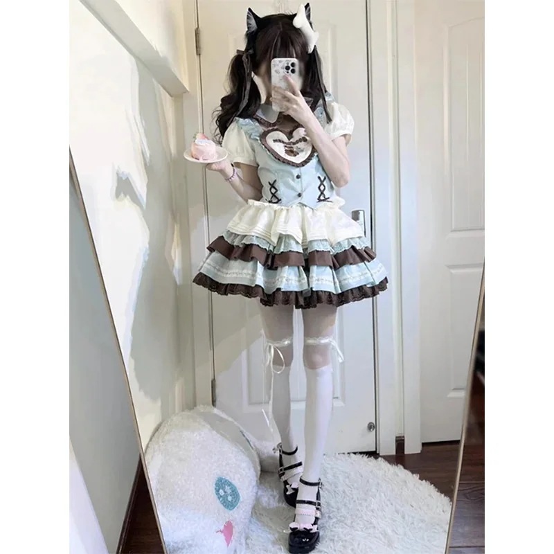 ロリータ ロリータ 女の子 フリル パフスリーブ 中空シャツ レース ケーキ スカート スーツ